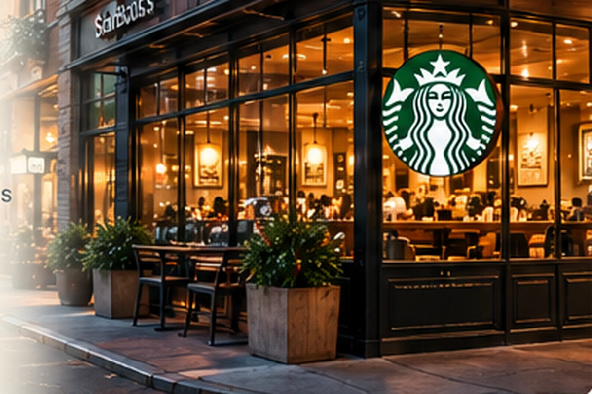 Vintage-style coffee storefront illustration representing Starbucks history