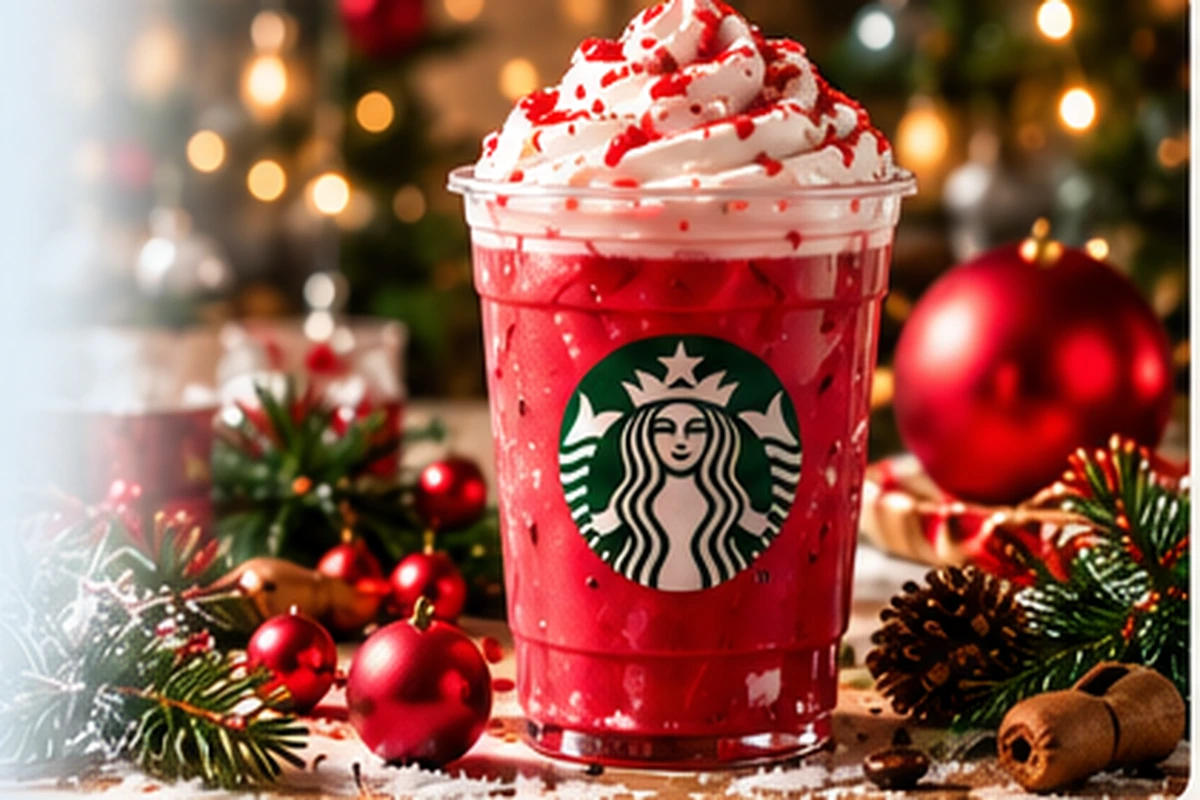 Seasonal red cold drink in a festive café setting